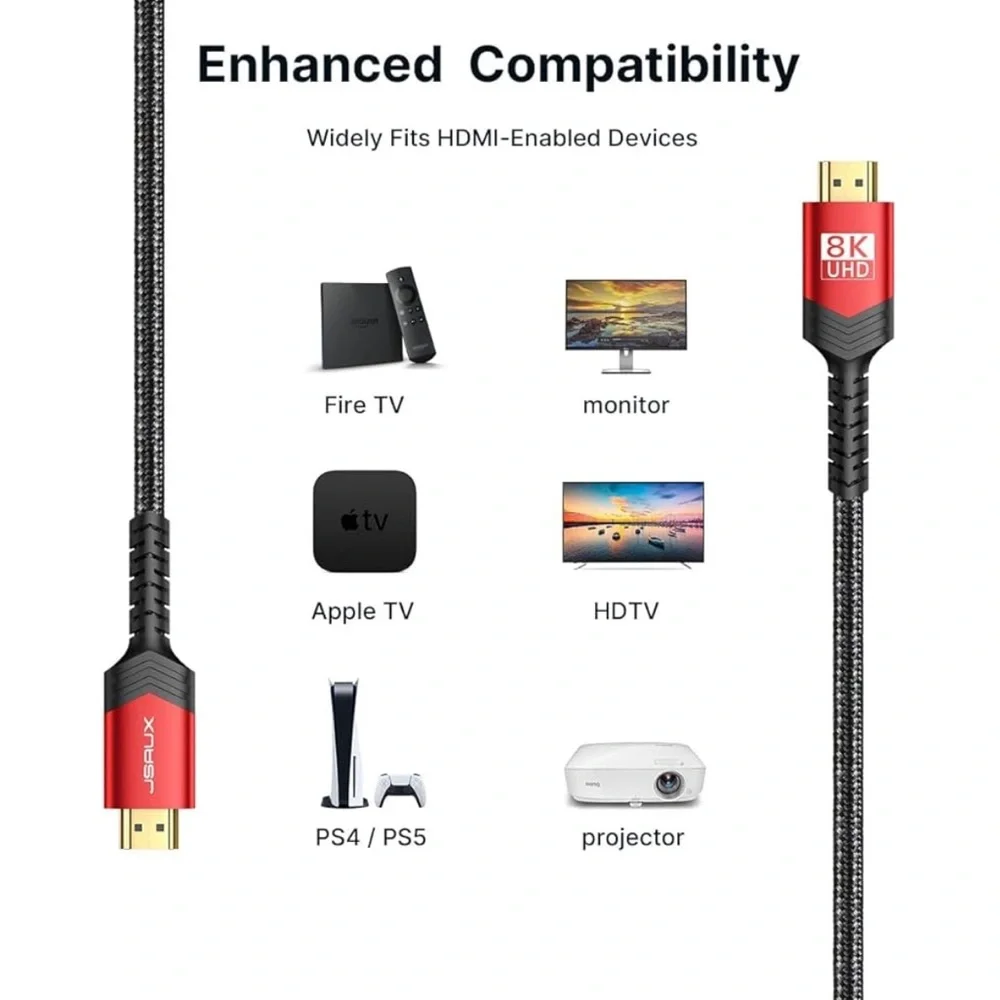 JSAUX 2 Pack, HDTV 8K HDMI Braided Nylon Cables, 10 Foot Length
